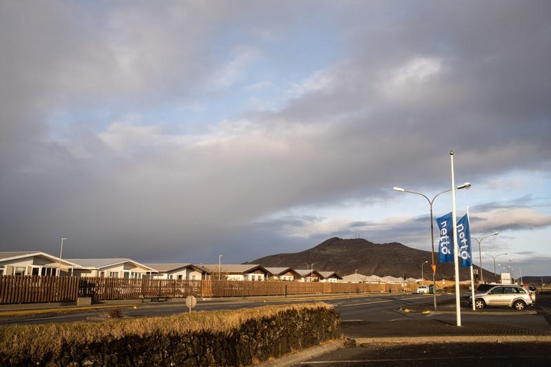 A city street of Grindavik with Thorbjöm mountain in the background. Iceland is preparing for another volcanic eruption on the Reykjanes Peninsula.