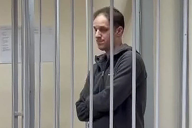 Evan Gershkovich, the Wall Street Journal reporter charged in Russia with espionage, attends a hearing as the Moscow City Court rules to extend his arrest until March 30.