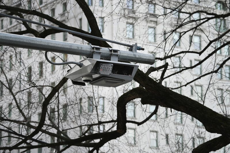 A gantry supporting license plate and E-Z Pass readers is set up across Fifth Avenue at 60th street in Manhattan on March 1, 2024