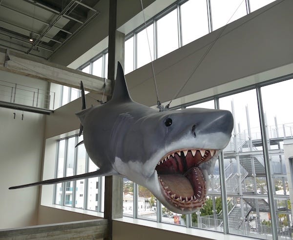 A plastic replica of "Bruce", the shark from Steven Spielberg's 1975 film classic "Jaws", hangs in the Academy Museum