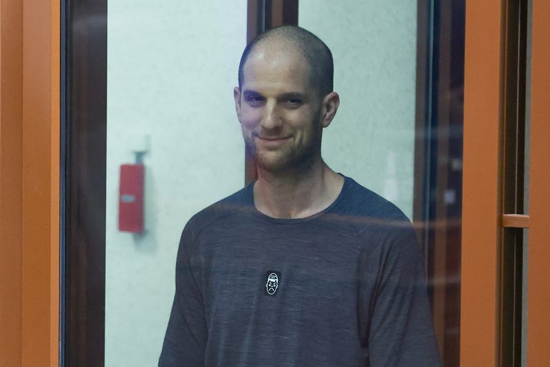 American journalist Evan Gershkovich, reporter at The Wall Street Journal (WSJ), charged with espionage, attends the announcement of the verdict at the Sverdlovsk Region Court. The court has found Gershkovich guilty of espionage and has sentenced him to 16 years in high-security prison.