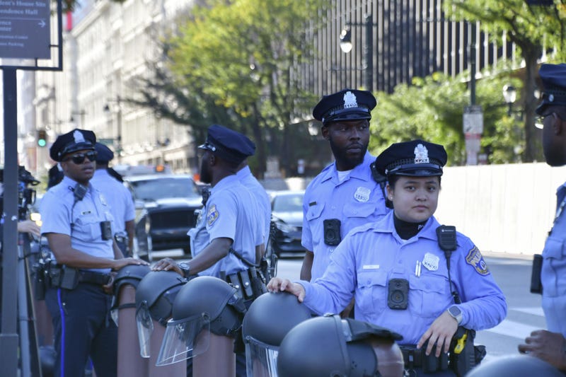 Police officers patrol near the venue of the presidential debate between Kamala Harris and Donald Trump in Philadelphia on Sept. 10, 2024.