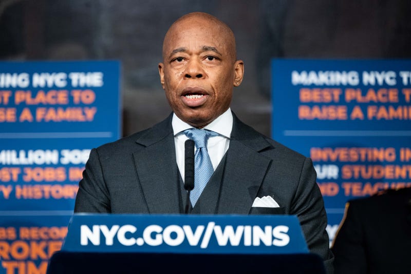 Mayor Eric Adams speaks at a press conference in City Hall