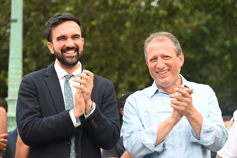 Then-mayoral candidate Zohran Mamdani and NYC Comptroller Brad Lander appear at the NYPD’s 78th Precinct as part of the "National Night Out" in Brooklyn on Aug. 5, 2025