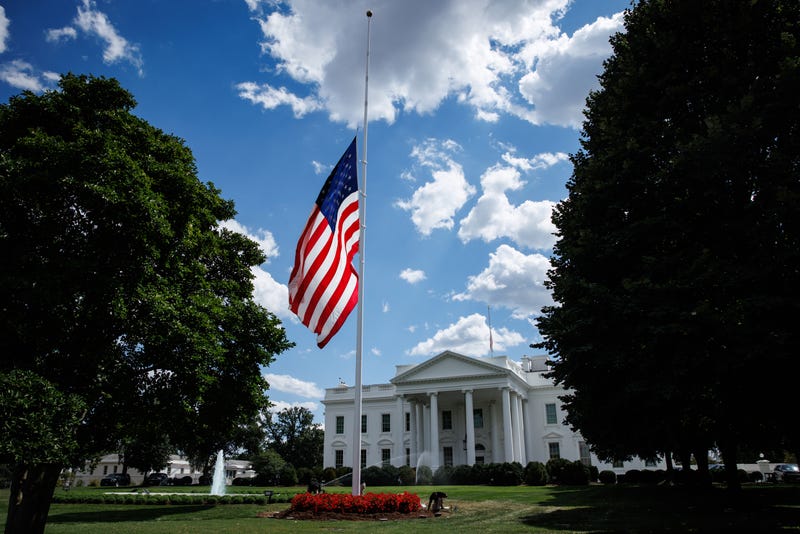 The U.S. flags at the White House are flown at half staff on August 27, 2025 in Washington, D.C. President Trump order the flags to be lowered after a mass shooting at Annunciation Catholic school in Minneapolis, Minnesota, on Wednesday that killed an 8 and 10 year old and wounded 17 others, 14 of which are children.