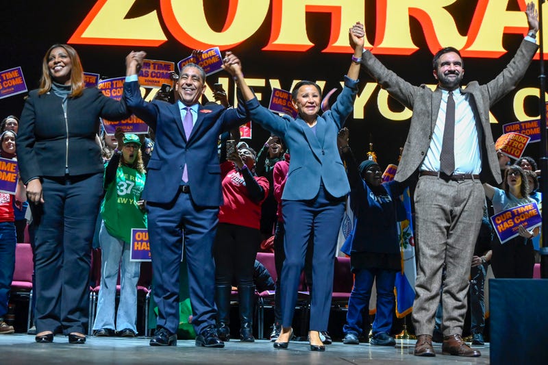 From left to right: New York Attorney General Letitia James, United States Representative Adriano Espaillat (Democrat of New York), United States Representative Nydia Velazquez (Democrat of New York), and Zohran Mamdani, Democratic Party nominee for mayor of New York City