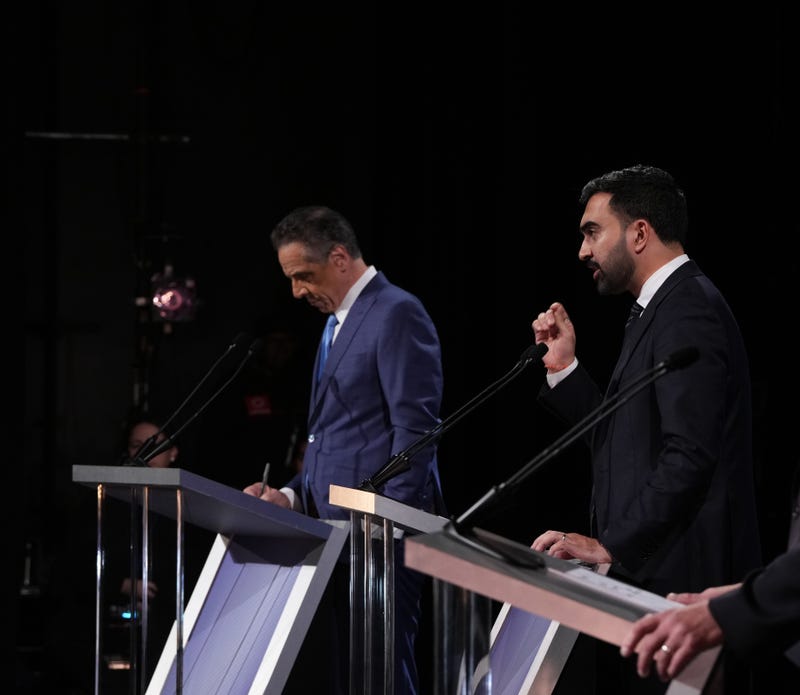 Independent candidate Andrew Cuomo and Democratic candidate Zohran Mamdani participate in a second New York City mayoral debate at LaGuardia Performing Arts Center at LaGuardia Community College in Long Island City on Oct. 22, 2025