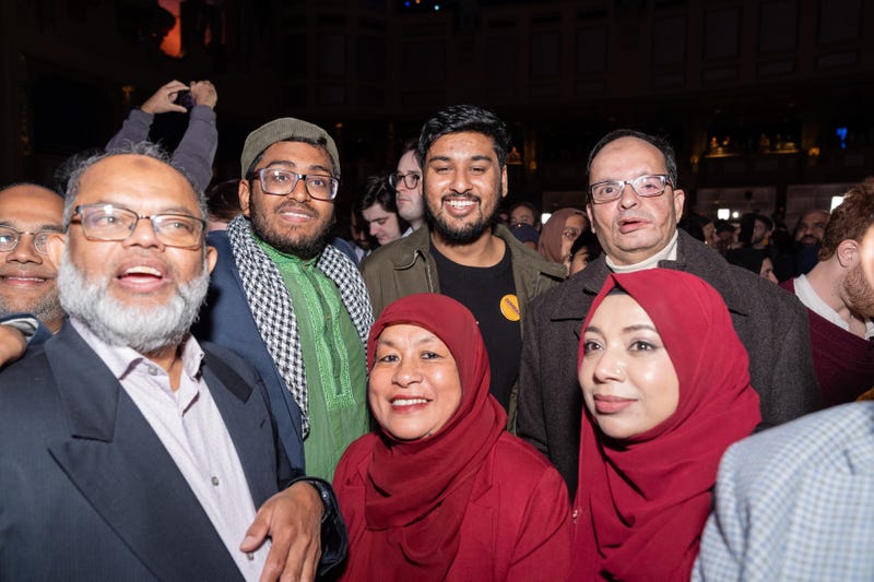 Supporters celebrate victory by Zohran Mamdani in city mayoral election at The Brooklyn Paramount Theater on Nov. 4, 2025