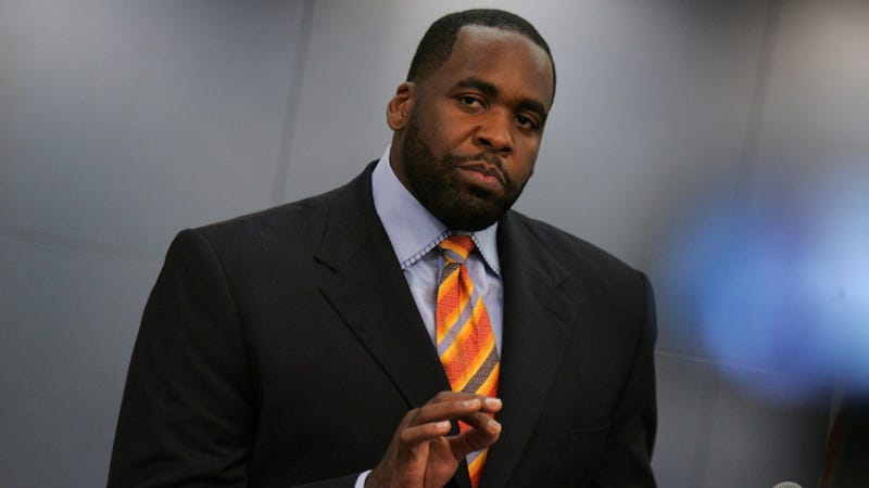 Outgoing Detroit Mayor Kwame Kilpatrick gives a televised speech about his administration's accomplishments and his family's personal morale after pleading guilty to two felony counts of obstructing justice by committing perjury at the Coleman A. Young Building in Detroit, Michigan, on Thursday, September 4, 2008. (Photo by Amy Leang/Detroit Free Press/MCT/Sipa USA)