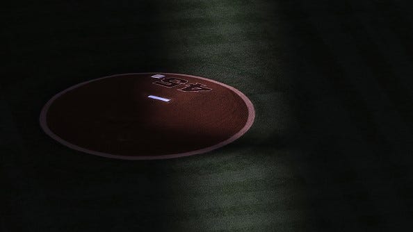 A detailed photo of Tyler Skaggs #45 of the Los Angeles Angels of Anaheim number on the mound prior to a game against the Houston Astros at Angel Stadium of Anaheim on July 18, 2019 in Anaheim, California.