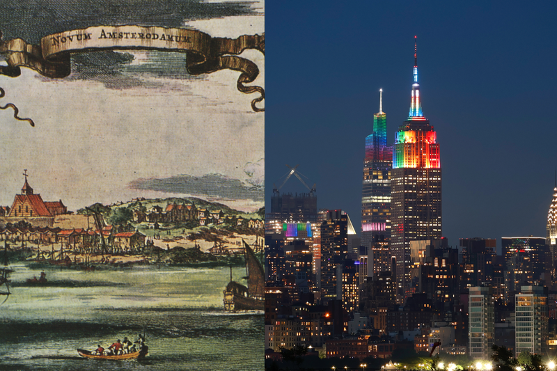 A colorized 1673 engraving that shows New Amsterdam shortly after it was seized by the British in 1664 (left). The Manhattan skyline lit for Pride Month in June 2023 (right)