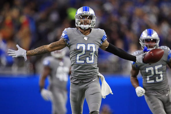 Lions CB Darius Slay celebrates an interception. 