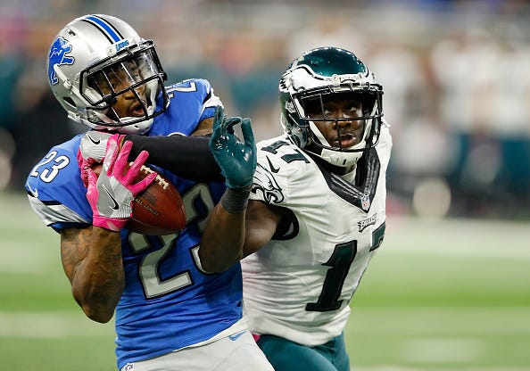 Lions CB intercepts a pass intended for Eagles WR Nelson Agholor. 