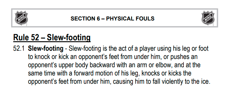 The NHL rulebook's definition of slew-footing