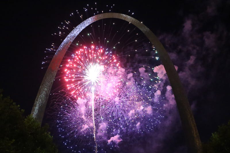 Fireworks illuminate the Gateway Arch during the last night of Fair St. Louis in St. Louis on July 7, 2018.