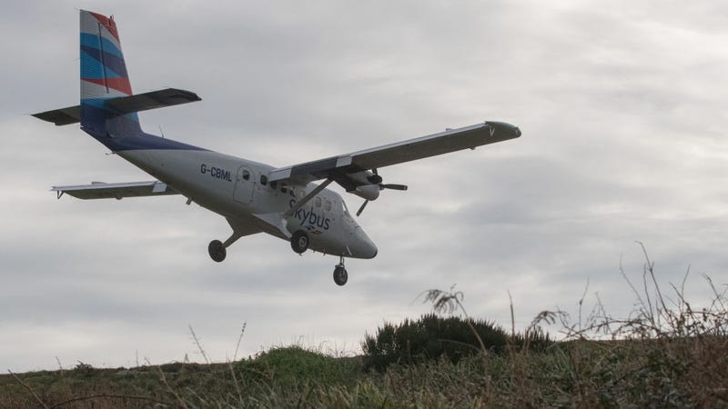 A Skybus flight arrives at St Mary's Airport on February 17, 2017 in Cornwall, England. 