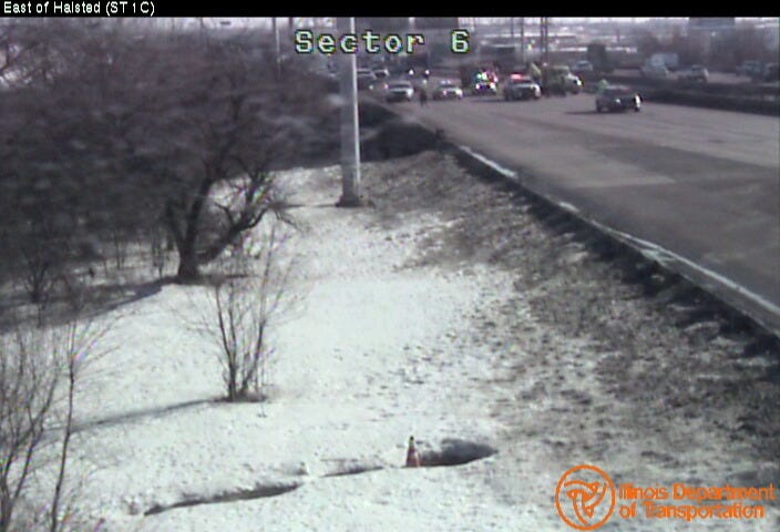 A traffic camera shows all southbound lanes of I-55 closed near Cicero Avenue for a shooting investigation on Feb. 24