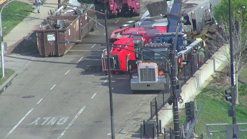 A traffic camera shows a rolled over semitrailer after it was relocated from a Dan Ryan Expressway hit-and-run crash April 7, 2021.