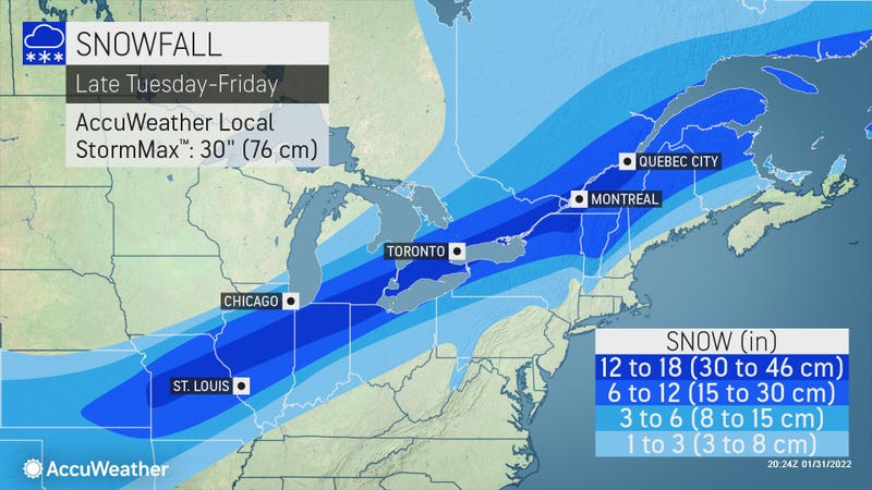 Major snowstorm predicted for Metro Detroit, Wednesday into Thursday. This map from AccuWeaher shows how much snow is expected in the suburbs and beyond. 