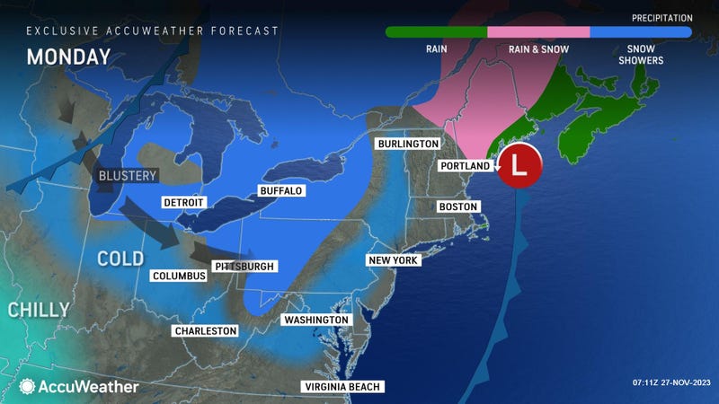 map shows snow in Michigan on Monday