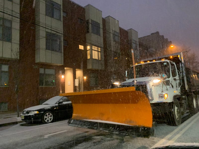 The plows are out in Philadelphia, as the snow begins to stick.