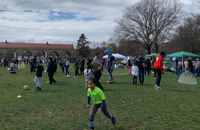 Families came to FDR Park Saturday afternoon for a Youth Soccer Day event, featuring representatives from the Philadelphia Union, including mascot Phang.