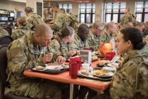 Soldiers in training at Fort Leonard Wood enjoyed a traditional Thanksgiving Day meal on November 28m 2019.