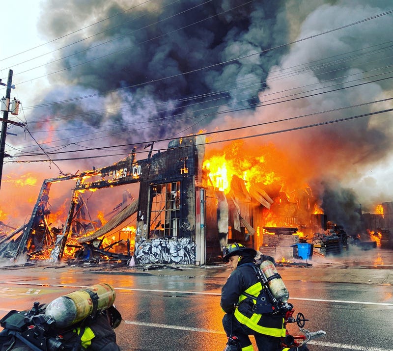 Some of the first firefighters on scene at a five-alarm fire in the city's SoMa neighborhood.