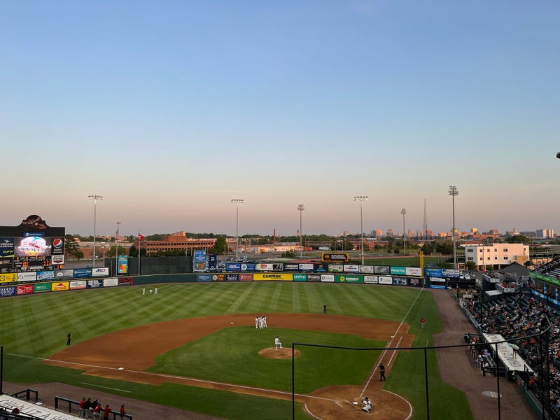 The view from general admission seats at a Richmond Flying Squirrels game at sunset.