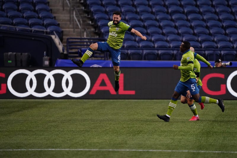 Sounders FC midfielder João Paulo celebrates