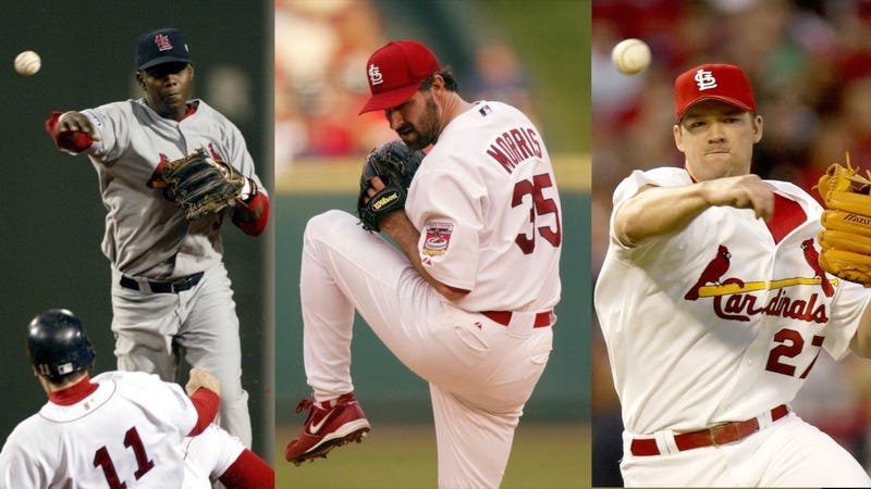 Former St. Louis Cardinals players Edgar Renteria, Matt Morris and Scott Rolen.
