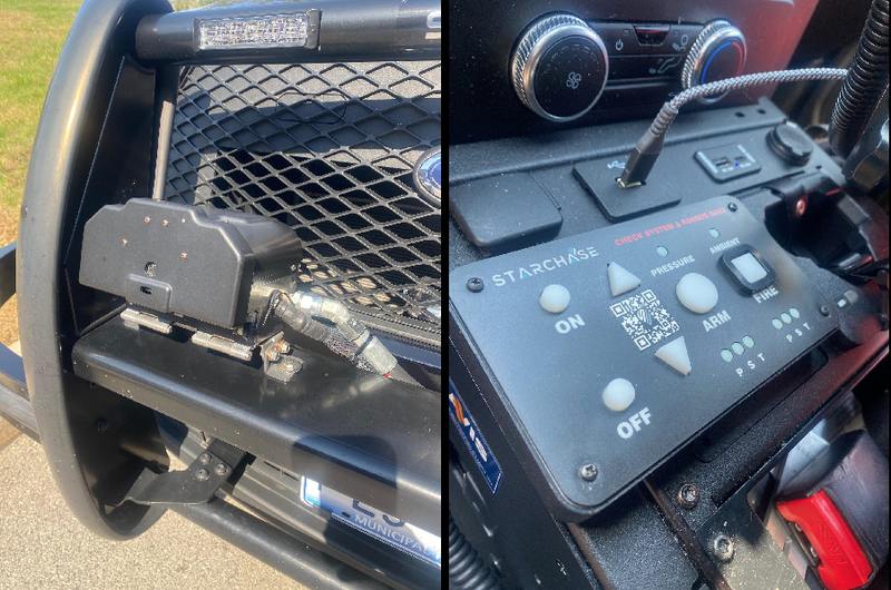 Left: A Star Chase device affixed to the front of an Oak Brook Police Department vehicle. Right: Star Chase controls inside of an Oak Brook Police Department vehicle.