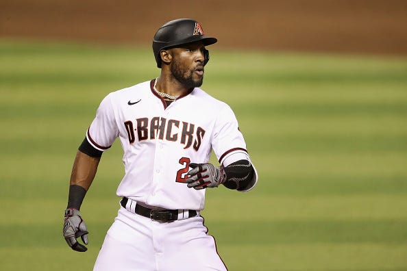 Starling Marte celebrates a hit with the Diamondbacks. 