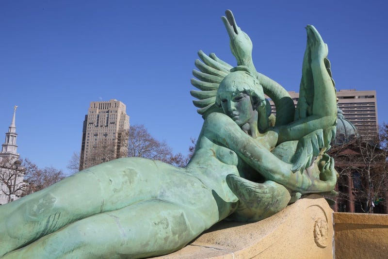 Swann Memorial Fountain by Alexander Stirling Calder located in the center of Logan Square. 