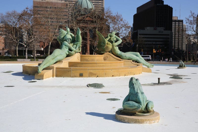 Swann Memorial Fountain by Alexander Stirling Calder located in the center of Logan Square. 
