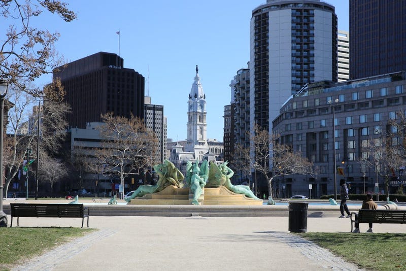 Swann Memorial Fountain by Alexander Stirling Calder located in the center of Logan Square. 