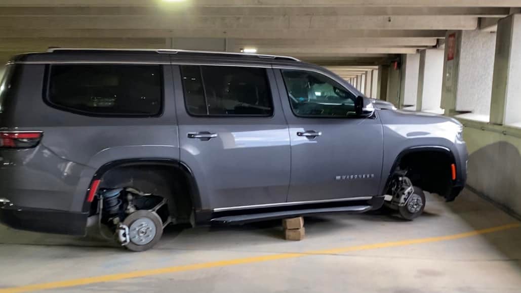 While image circulates of SUV with tires and  rims stolen in Metro Airport parking lot, airport spokesperson says it's an isolated incident