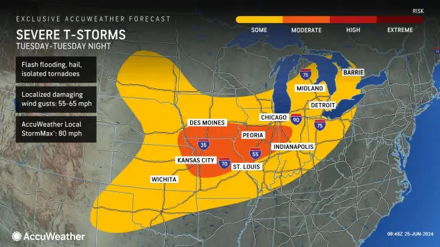storms in the Midwest are seen on an AccuWeather map