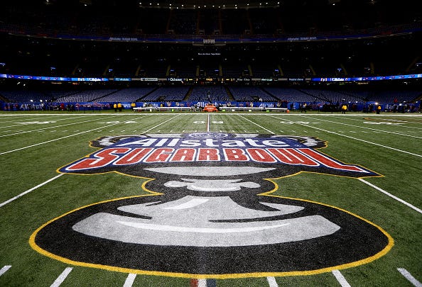 The Superdome in New Orleans prepares for the Allstate Sugar Bowl in 2018.