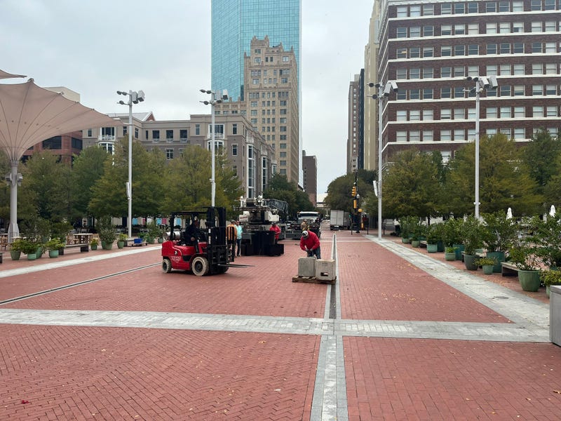 Crews prepare to put up the Christmas tree in Sundance Square in Fort Worth, Texas on Monday, Nov. 25, 2024.