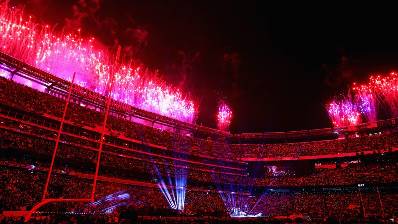 A general view of the fireworks display during the Pepsi Super Bowl XLVIII Halftime Show at MetLife Stadium on February 2, 2014 in East Rutherford, New Jersey.