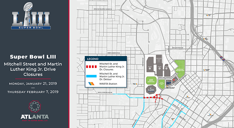 A map of Atlanta's first road closures for Super Bowl 53