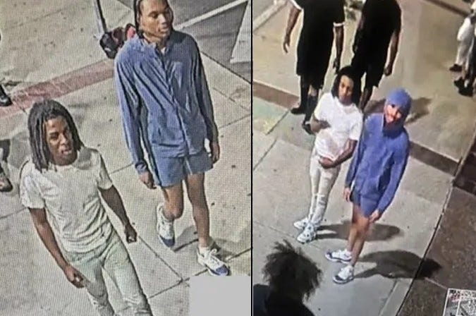 The suspect in blue is sought by police. The second man pictured is considered a person of interest.