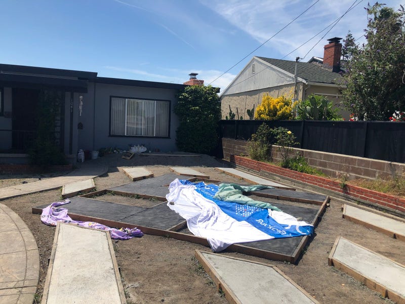 A swastika constructed in the front yard of an El Sobrante home is partially covered on June 13, 2019.