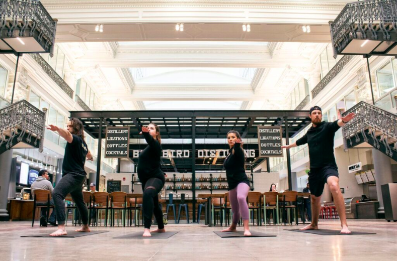 The month-long pop-up event offers free yoga classes from 9 to 10 a.m. every Saturday in February under the atrium in The Bourse’s main dining hall.