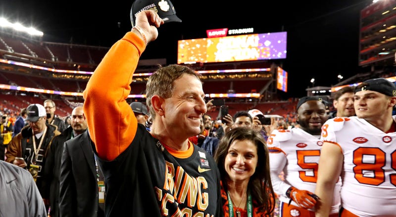 Jan 7, 2019; Santa Clara, CA, USA; Clemson Tigers head coach Dabo Swinney celebrates beating the Alabama Crimson Tide during the 2019 College Football Playoff Championship game at Levi's Stadium. Mandatory Credit: Matthew Emmons-USA TODAY Sports