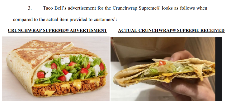 A screenshot from the official court document of the lawsuit involving Taco Bell's overstated foods.