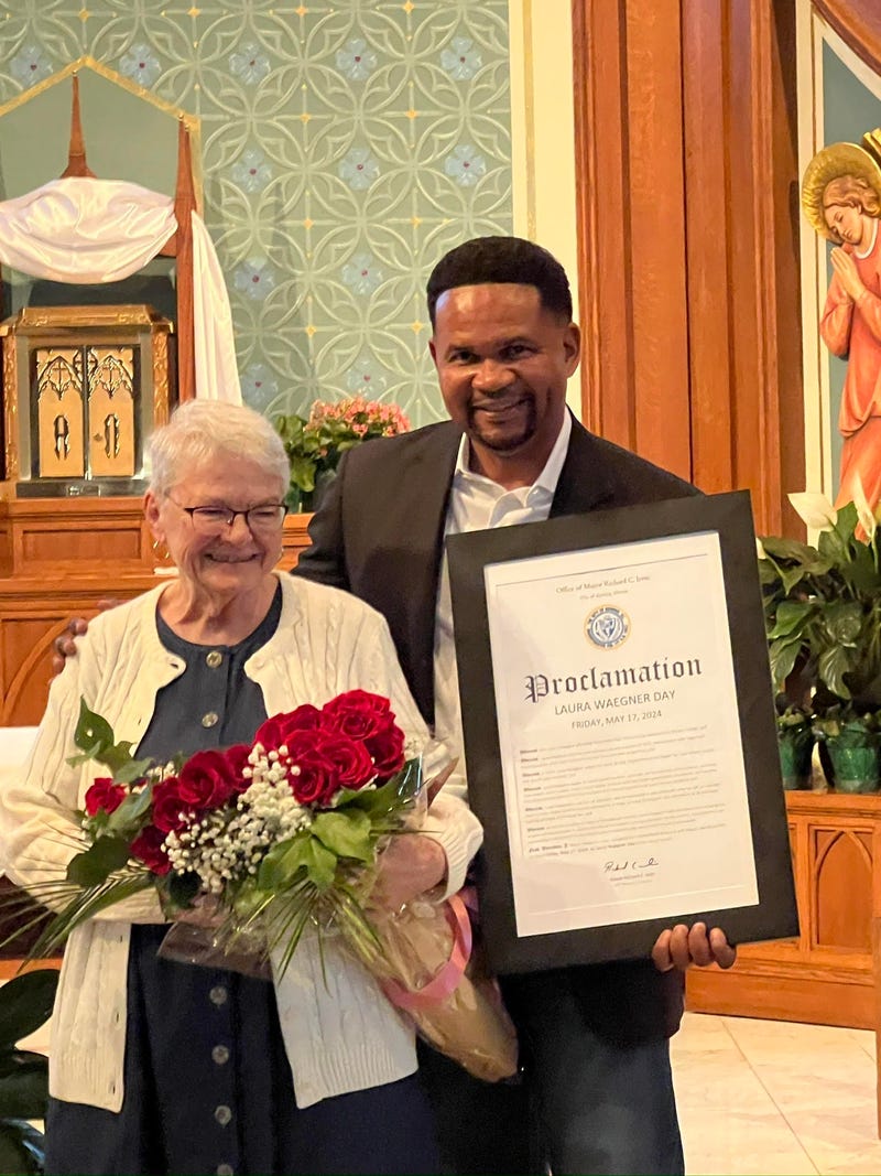 Laura Waegner with Aurora Mayor Richard Irvin who proclaimed today Laura Waegner in the city. 