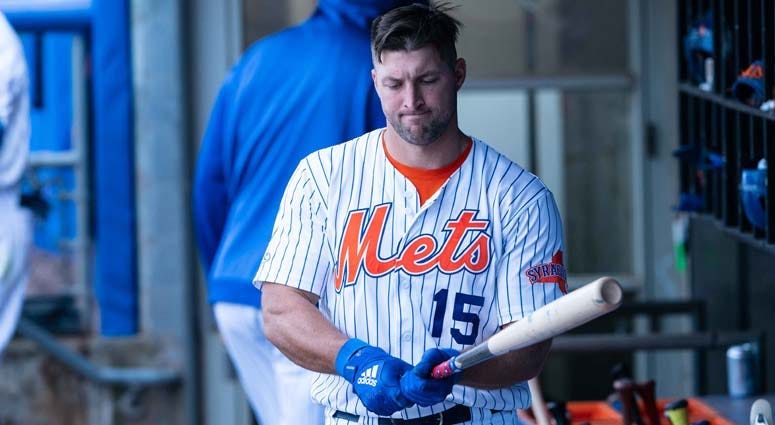 Syracuse Mets left fielder Tim Tebow prepares for an at-bat against the Buffalo Bisons on April 25, 2019, at NBT Bank Stadium in Syracuse. 