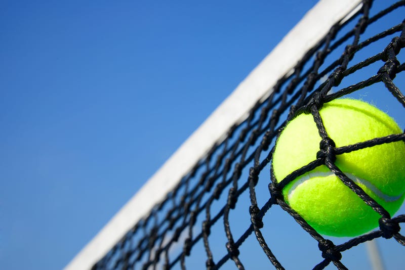 tennis ball in net with blue sky background